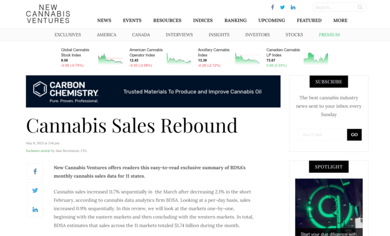 NEW CANNABIS VENTURES CANNABIS SALES REBOUND